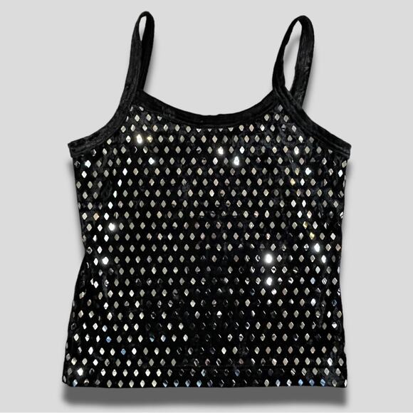 GLAMOUR CHICK VINTAGE VELOUR DIAMOND MIRROR TANK TOP BLACK SILVER SMALL - Picture 1 of 5